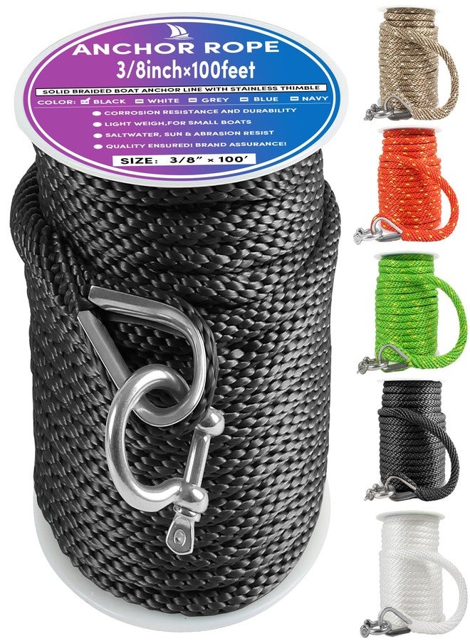 VEITHI Premium Anchor Rope 100 ft x 3/8 inch, Solid Braid MFP Anchor Line Marine Rope with Thimble & Shackle - Black - Image 1